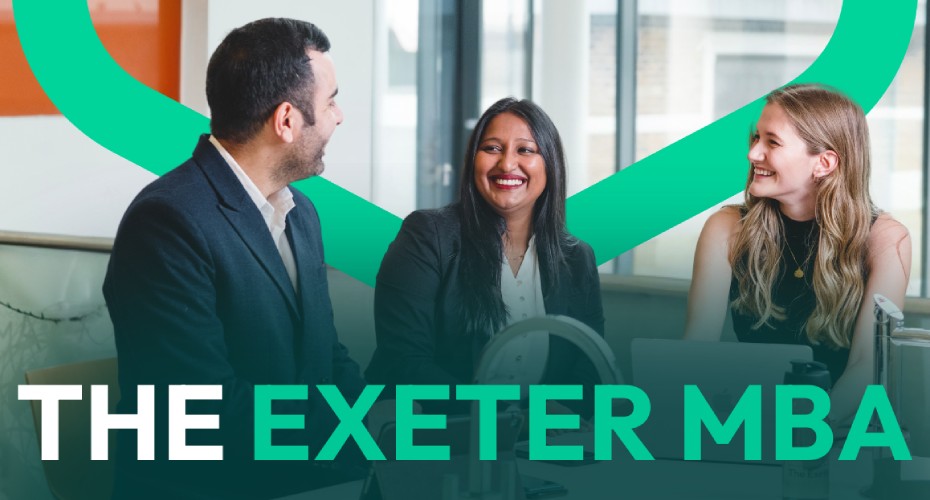 The exeter mba logo alongside a group of people seated at a table, engaged in collaborative dialogue.