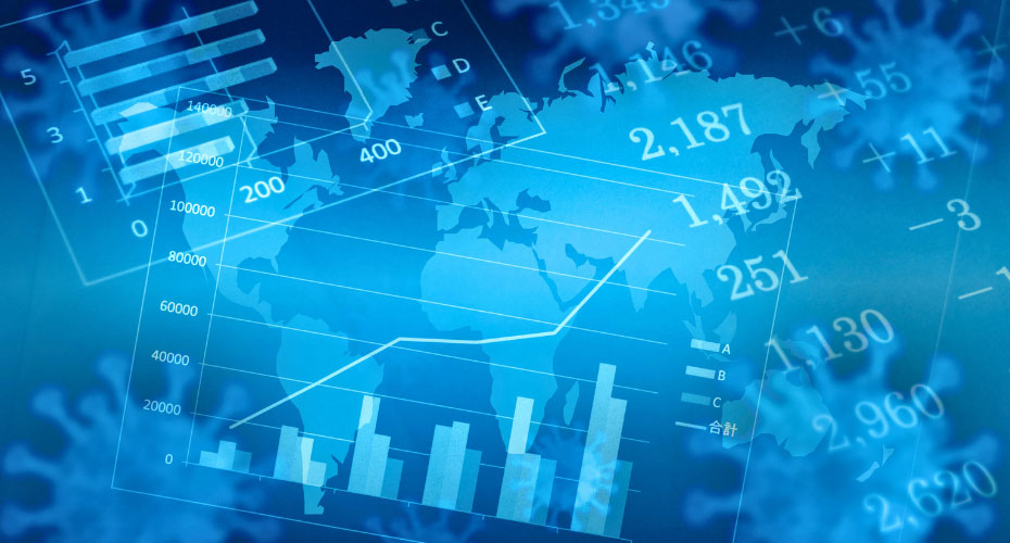 Graphic featuring graphs, numbers and diagrams overlaid on a blue background
