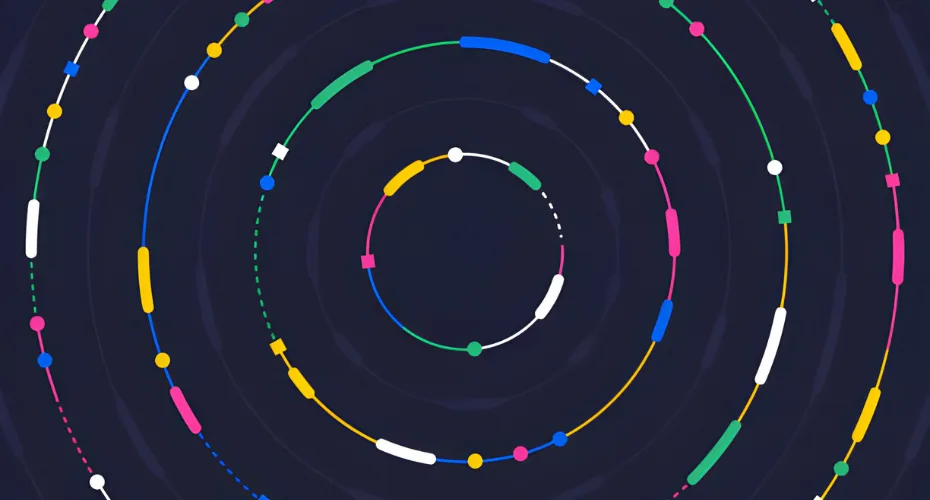 Circular pattern of vibrant colored dots arranged on a dark background, creating a visually striking design.
