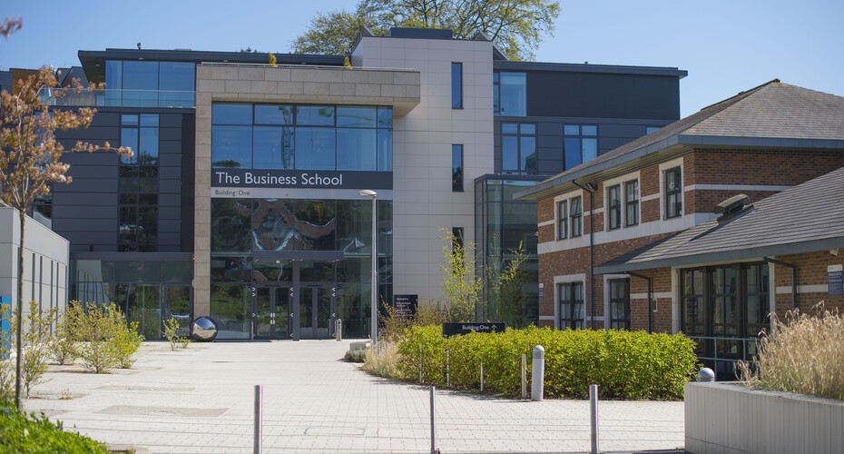 The front entrance to the Business School Building: One, with Streatham Court to the right