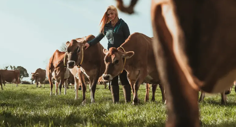 A woman stands before a herd of cows, observing them in a serene countryside setting.